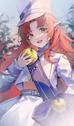 Rule 34 | 1girl, :d, apple, arknights, artist name, blush, day, food, fruit, golden apple, green eyes, highres, holding, holding food, holding fruit, long hair, long sleeves, looking at viewer, myrtle (arknights), myrtle (light gold celebration) (arknights), notched ear, official alternate costume, open mouth, outdoors, parted bangs, pointy ears, red hair, sash, shirt, skirt, smile, solo, sunlight, tolu ya, very long hair, weibo watermark, white headwear, white shirt, white skirt