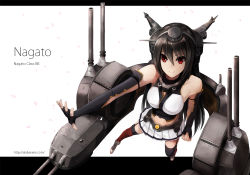 Rule 34 | 10s, 1girl, akabane rin, bare shoulders, black hair, breasts, character name, elbow gloves, fingerless gloves, gloves, hairband, headgear, kantai collection, letterboxed, long hair, nagato (kancolle), outstretched arm, personification, red eyes, skirt, solo, thighhighs, white background