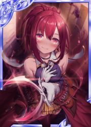 Rule 34 | 1girl, akkijin, aura, breasts, card (medium), darkness, dress, gloves, glowing, glowing eyes, hand on own chest, holding, holding scissors, large breasts, looking up, official art, outdoors, purple dress, red eyes, red hair, scissors, shinkai no valkyrie, smile, stairs, sunlight, thighhighs, weapon, white gloves