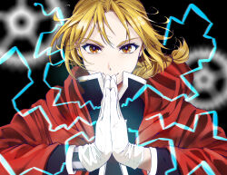 Rule 34 | 1boy, absurdres, blonde hair, braid, brown eyes, edward elric, electricity, fullmetal alchemist, gears, high collar, highres, jacket, lavie (cestbonlavie), long hair, long sleeves, looking at viewer, male focus, own hands together, smile, solo, straight-on, upper body