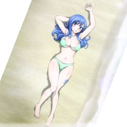Rule 34 | 1girl, armpits, arms up, barefoot, beach, bikini, blue eyes, blue hair, blush, body blush, breasts, cleavage, curvy, fairy tail, highres, juvia lockser, large breasts, long hair, looking at viewer, lying, matching hair/eyes, navel, sand, screencap, solo, stitched, swimsuit, tattoo, third-party edit, underboob
