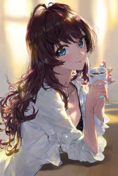 1girl :3 black_bra blue_eyes bra breasts brown_hair coffee cup earrings highres ichinose_shiki idolmaster idolmaster_cinderella_girls jewelry long_hair medium_breasts modare mug shirt smile solo underwear wavy_hair white_shirt