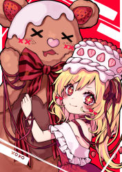 Rule 34 | + +, 1girl, adapted costume, alternate wings, bare shoulders, blonde hair, blush, cake, choker, commentary, commentary request, dress, english commentary, flandre scarlet, food, food on head, fruit, hair ribbon, heart, highres, kyouda suzuka, long hair, looking at viewer, mixed-language commentary, object on head, one side up, red background, red dress, red eyes, red ribbon, ribbon, ribbon choker, smile, solo, strawberry, stuffed animal, stuffed toy, teddy bear, touhou, upper body, wings, x x