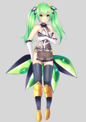 Rule 34 | 1girl, arm under breasts, bad id, bad pixiv id, bare shoulders, black thighhighs, blush, breast hold, breasts, brown dress, closed mouth, commentary request, dress, elbow gloves, gloves, gluteal fold, green eyes, green hair, grey background, hair between eyes, hair ornament, long hair, looking at viewer, medium breasts, misaki (misaki86), original, shoes, simple background, sleeveless, sleeveless dress, smile, solo, standing, tachi-e, thighhighs, twintails, very long hair, white gloves