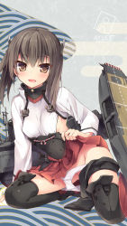 Rule 34 | 10s, 1girl, :d, bankoku ayuya, bike shorts, breasts, brown eyes, brown hair, clothes lift, flight deck, headband, headgear, kantai collection, looking at viewer, open mouth, panties, panty pull, pussy juice, short hair, shorts, shorts around one leg, sitting, skirt, skirt lift, small breasts, smile, solo, taihou (kancolle), torn clothes, tsurime, underwear, watermark, web address
