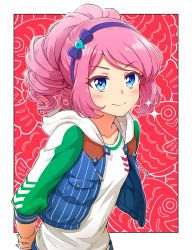 Rule 34 | 1girl, aikatsu! (series), aikatsu stars!, blue bow, blue eyes, blue hairband, blue jacket, blush, border, bow, closed mouth, drill hair, hair bow, hairband, hood, hooded jacket, jacket, looking at viewer, open clothes, open jacket, own hands together, pink hair, ponytail, red background, sakuraba rola, shirt, smile, solo, upper body, white border, white shirt, yoban