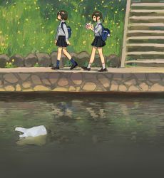 Rule 34 | 2girls, backpack, bag, book, brown hair, commentary, day, grass, highres, multiple girls, original, outdoors, plastic bag, ponytail, reading, river, school uniform, shopping bag, short hair, stairs, walking, zinbei