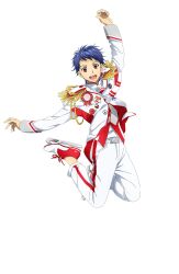 Rule 34 | 1boy, aiguillette, arm up, blue hair, epaulettes, full body, highres, ice skates, ichijou shin, jacket, jumping, king of prism, king of prism: shiny seven stars, long sleeves, looking at viewer, male focus, official art, open mouth, pants, pretty rhythm, pretty series, red eyes, second-party source, shoes, short hair, simple background, skates, smile, solo, transparent background, white jacket, white pants