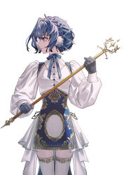 Rule 34 | 1girl, absurdres, alternate costume, arknights, astesia (arknights), black gloves, blue eyes, blue hair, blue skirt, commentary, cowboy shot, english commentary, feather hair, frown, gloves, gold trim, hair bun, hair up, highres, holding, holding sword, holding weapon, looking to the side, puffy sleeves, shirt, simple background, skirt, solo, sword, thighhighs, weapon, white background, white shirt, white thighhighs, zhuang yao