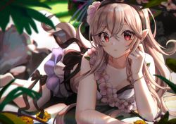 Rule 34 | 1girl, absurdres, bikini, blurry, bracelet, breasts, cappu, chromatic aberration, cleavage, corrin (female) (fire emblem), corrin (female) (summer) (fire emblem), corrin (fire emblem), depth of field, fire emblem, fire emblem heroes, flower, flower necklace, hair between eyes, hairband, highres, huge filesize, jewelry, long hair, looking at viewer, lying, medium breasts, necklace, nintendo, official alternate costume, on stomach, parted lips, pointy ears, rainbow, red eyes, silver hair, solo, sparkle, swimsuit, white bikini