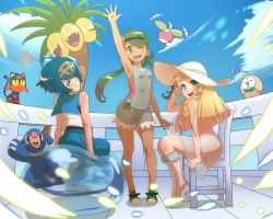 Rule 34 | +++, 3girls, ;d, alolan exeggutor, alolan form, arm up, armpits, balcony, bare arms, bare shoulders, bean bag chair, blonde hair, blue eyes, blue hair, blue pants, blue ribbon, blue sailor collar, blue sky, blunt bangs, bounsweet, braid, breasts, bright pupils, capri pants, chair, closed mouth, cloud, commentary request, creatures (company), dark-skinned female, dark skin, day, dress, eden (edenaldojj), flower, from behind, game freak, gen 7 pokemon, green eyes, green footwear, green hair, green hairband, hair flower, hair ornament, hairband, hand rest, hat, hat ribbon, highres, kneehighs, lana (pokemon), light particles, lillie (pokemon), litten, long hair, looking at viewer, looking back, mallow (pokemon), multiple girls, nintendo, one-piece swimsuit, one eye closed, open mouth, outdoors, overalls, pants, pink shirt, pokemon, pokemon (creature), pokemon sm, popplio, ribbon, rowlet, sailor collar, see-through, shirt, shoes, short hair, sitting, sky, sleeping, sleeveless, sleeveless dress, sleeveless shirt, small breasts, smile, socks, standing, starter pokemon trio, strapless, sun hat, sundress, swept bangs, swimsuit, swimsuit under clothes, teeth, trial captain, tube top, twin braids, twintails, waving, white dress, white footwear, white hat, white legwear, white shirt, wooden floor, yellow hairband, zzz