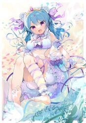 Rule 34 | 1girl, barefoot, bikini, blue hair, blush, border, breasts, bun cover, character request, commentary request, copyright request, double bun, eyelashes, feet, fish, frilled bikini top, frilled shorts, frills, hair between eyes, hair bun, hair ornament, hair ribbon, hairclip, hand up, highres, holding, knees together feet apart, large breasts, legs, long hair, looking at viewer, nail polish, neck ribbon, open mouth, puffy shorts, purple eyes, purple ribbon, purple skirt, ribbon, shadow, shiny skin, shorts, sidelocks, sitting, skirt, soles, solo, swimsuit, thighs, tiara, toenail polish, toenails, toes, underwater, water, white border, white shorts, white skirt, yun (dust-i1)