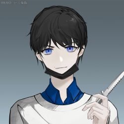 Rule 34 | 1boy, black hair, black mask, blue background, blue eyes, blue undershirt, character request, chinese commentary, closed mouth, collared shirt, commentary request, fingernails, gradient background, highres, holding, holding syringe, light smile, looking at viewer, male focus, mask, mole, mole above mouth, mouth mask, qian linlin, real life, shirt, short hair, simple background, snow man (jpop), solo, straight-on, syringe, upper body, white shirt