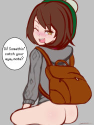 Rule 34 | 1girl, ;d, ass, backpack, bag, bare legs, blush, bottomless, brown hair, clothes, creatures (company), english text, from behind, game freak, gloria (pokemon), green headwear, hat, highres, hood, hooded sweater, long sleeves, nintendo, one eye closed, open mouth, partially undressed, pokemon, pokemon swsh, short hair, sitting, smile, sweater, tagme, tam o&#039; shanter, teeth, tongue, yellow eyes, zionworldartist