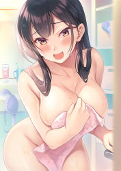 Rule 34 | 1girl, :d, bathroom, black hair, blush, breasts, collarbone, commentary request, completely nude, fang, highres, himamo, holding, holding towel, large breasts, long hair, looking at viewer, mole, mole on breast, nude, open mouth, original, smile, solo, thighs, towel, wet, yellow eyes