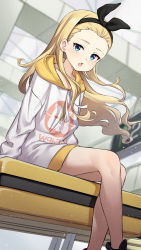 Rule 34 | 1girl, absurdres, black hairband, blonde hair, blue eyes, blurry, blurry background, commentary request, hairband, highres, jacket, kurumi (lycoris recoil), legs, long sleeves, looking at viewer, lycoris recoil, open mouth, pizza (pizzania company), sitting, solo, white jacket