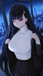 Rule 34 | 1girl, :o, absurdres, black hair, black jacket, black skirt, blazer, blue archive, breasts, bright pupils, halo, highres, indoors, jacket, large breasts, long hair, looking at viewer, night, open clothes, open jacket, red eyes, ribbed sweater, rio (blue archive), skirt, solo, straight hair, sweater, tem (tempainting1), undressing, very long hair, white sweater