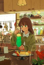 Rule 34 | 1girl, bottle, coffee mug, cup, disposable cup, faucet, fish, fishbowl, food, frying pan, goldfish, green eyes, highres, holding, holding spoon, ice cream, ice cream float, kitchen, matsumine (twin-mix), mug, original, pudding a la mode, salad tongs, shelf, spoon, sweater, tongue, tongue out