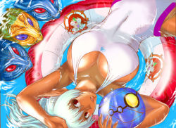 Rule 34 | 1girl, afloat, ball, beachball, breasts, cameo, cleavage, dark-skinned female, dark skin, from above, innertube, kamitsuki manmaru, large breasts, looking up, lying, monster, one-piece swimsuit, phantasy star, phantasy star online, pig ray, pointy ears, ponytail, red eyes, red ring rico, sega, sil&#039;fer, solo, swim ring, swimsuit, tube, water, white hair