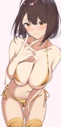 Rule 34 | 1girl, ahoge, animal print, azur lane, baltimore (azur lane), bare shoulders, bikini, blush, braid, breasts, brown hair, cleavage, closed mouth, collarbone, commentary request, cowboy shot, french braid, hair between eyes, hand up, highres, large breasts, looking at viewer, mattyazuki, navel, short hair, side-tie bikini bottom, sidelocks, simple background, skindentation, smile, solo, stomach, swimsuit, thighhighs, tiger print, v, yellow bikini, yellow eyes, yellow thighhighs