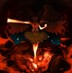 Rule 34 | 1girl, arm cannon, barefoot, black wings, cape, dark, evil smile, full body, glowing, glowing eyes, gradient background, highres, long hair, looking at viewer, lava, okomedaisuki5, outstretched arm, puffy sleeves, reiuji utsuho, shirt, short sleeves, skirt, smile, solo, third eye, touhou, upskirt, weapon, wings