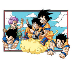 Rule 34 | 5boys, black eyes, black hair, blue eyes, clenched hands, cloud, commentary request, crossed arms, dougi, dragon ball, dragonball z, father&#039;s day, father and son, flying, flying nimbus, forest 1988, frown, grin, hug, hug from behind, male focus, multiple boys, muscular, muscular male, official style, open mouth, purple hair, riding, smile, son gohan, son goku, son goten, toriyama akira (style), trunks (dragon ball), vegeta, wristband