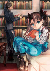 Rule 34 | 1boy, 1girl, aged down, bad id, bad pixiv id, black hair, black pantyhose, blue eyes, book, boots, brown hair, child, couch, fate/zero, fate (series), full body, hair ribbon, kotomine kirei, library, long hair, ocha (oteaaa), pantyhose, ribbon, skirt, sunlight, table, tohsaka rin, twintails, two side up
