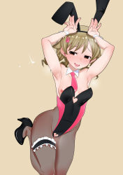 Rule 34 | 10s, 1girl, absurdres, animal ears, armpits, arms up, bare shoulders, black leotard, black pantyhose, blush, breasts, bridal garter, brown eyes, brown hair, commentary request, detached collar, drill hair, earrings, fake animal ears, female pubic hair, frills, hair ornament, hairclip, hidekichi (09075470338), high heels, highres, idolmaster, idolmaster cinderella girls, jewelry, leotard, morikubo nono, necktie, nipples, open mouth, pantyhose, pink necktie, playboy bunny, pubic hair, pussy, rabbit ears, rabbit pose, rabbit tail, short hair, small breasts, smile, solo, tail, tears, thigh strap, wrist cuffs
