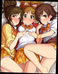 Rule 34 | 3girls, aqua eyes, bad id, bad twitter id, bare legs, bed sheet, blurry, blush, border, bow, bowtie, breast lift, breasts, brown eyes, brown hair, buttons, cardigan, clothes around waist, girl sandwich, hair bow, hair intakes, half-closed eyes, hand on another&#039;s stomach, high ponytail, hino akane (idolmaster), honda mio, idolmaster, idolmaster cinderella girls, light smile, lips, looking at viewer, lying, medium breasts, multiple girls, nose blush, omaru gyuunyuu, on back, on side, orange bow, orange hair, orange skirt, plaid, plaid skirt, pleated skirt, ponytail, positive passion, red cardigan, sandwiched, school uniform, shirt, short hair, skirt, sleeves pushed up, striped bow, striped bowtie, striped clothes, striped neckwear, sweater, sweater around waist, takamori aiko, tareme, thighs, white shirt, yellow cardigan, yellow eyes