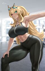 Rule 34 | 1girl, abs, bare shoulders, barghest (fate), biceps, black pants, black sports bra, blonde hair, breasts, cleavage, collarbone, curvy, fate/grand order, fate (series), gluteal fold, green eyes, gym, heterochromia, highres, horns, large breasts, long hair, looking at viewer, muscular, muscular female, navel, pants, ponytail, raskasar, red eyes, solo, sports bra, thick thighs, thighs, tight clothes, tight pants, yoga pants