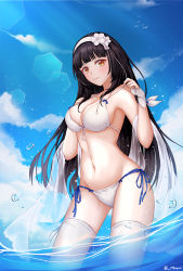 Rule 34 | 1girl, armpits, bare shoulders, bikini, bird, black hair, blue sky, blunt bangs, blush, breasts, brown eyes, caba (caba091), cleavage, closed mouth, cloud, collarbone, cowboy shot, day, flock, flower, front-tie bikini top, front-tie top, girls&#039; frontline, groin, hairband, hands up, large breasts, lens flare, light particles, light rays, long hair, looking at viewer, navel, official alternate costume, outdoors, shawl, side-tie bikini bottom, sky, solo, standing, stomach, sunbeam, sunlight, swimsuit, thighhighs, twitter username, type 95 (girls&#039; frontline), type 95 (summer cicada) (girls&#039; frontline), wading, water, white bikini, white flower, white thighhighs