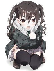 Rule 34 | 1girl, bag, black coat, black hair, black thighhighs, blush, brown eyes, brown footwear, coat, collared shirt, commentary, dot nose, green necktie, grey background, hair between eyes, hand on own thigh, highres, idolmaster, idolmaster cinderella girls, knees together feet apart, long hair, long sleeves, mask, mask pull, mole, mole under eye, mouth mask, necktie, nonobuki, pleated skirt, polka dot neckwear, school bag, school uniform, sharp teeth, shirt, shoes, simple background, skirt, solo, squatting, striped necktie, striped neckwear, sunazuka akira, surgical mask, teeth, thighhighs, twintails, wavy hair, white background, wing collar