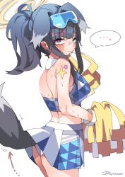 Rule 34 | 1girl, animal ears, ass, black hair, blue archive, blush, bright pupils, cheerleader, clothes lift, commentary, dog ears, dog girl, dog tail, eyewear on head, grey eyes, halo, hibiki (blue archive), hibiki (cheer squad) (blue archive), highres, koyansuee, lifted by tail, millennium cheerleader outfit (blue archive), panties, pleated skirt, pom pom (cheerleading), ponytail, skirt, skirt lift, solo, speech bubble, star (symbol), sticker on arm, symbol-only commentary, tail, underwear, white panties, white pupils