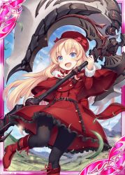 Rule 34 | 1girl, :d, akkijin, axe, blonde hair, blue eyes, boots, card (medium), dress, gluteal fold, hat, hat ribbon, holding, holding weapon, huge weapon, long hair, looking at viewer, official art, open mouth, pantyhose, red eyes, red footwear, red ribbon, ribbed dress, ribbon, shinkai no valkyrie, smile, weapon