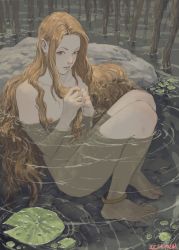Rule 34 | 10s, 1girl, 2016, absurdres, anklet, artist name, blonde hair, fantasy, flat chest, full body, green eyes, highres, holding, holding hair, jewelry, legs together, light brown hair, lily pad, long hair, nipples, nose, nude, open mouth, original, outdoors, own hands together, parted lips, partially submerged, ripples, rock, sitting, solo, very long hair, water, zennosuke