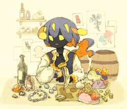 Rule 34 | 1boy, animal, antennae, barrel, beer bottle, black skin, blue hair, blue vest, coin, colored inner hair, colored skin, commentary request, compass, creature and personification, holding, holding knife, jewelry, knife, long sleeves, looking at object, maniani, map, multicolored hair, orange hair, orange trim, original, pirate, ponytail, poster (object), pouch, sea slug, shelf, shirt, vest, white shirt, yellow eyes, yellow trim