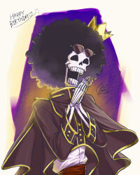Rule 34 | 1boy, afro, black jacket, brook (one piece), buttons, capelet, chaa (aoichar522 ), commentary request, crown, dated, eyewear on head, happy birthday, highres, jacket, male focus, one piece, shirt, skeleton, smile, solo, upper body, white shirt