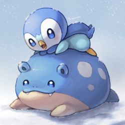 Rule 34 | blue eyes, blush, commentary request, creatures (company), fangs, fangs out, game freak, gen 3 pokemon, gen 4 pokemon, highres, lying, nintendo, no humans, on stomach, open mouth, piplup, pokemon, pokemon (creature), signature, snow, snowing, spheal, totennko