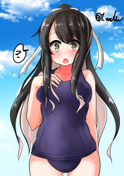 Rule 34 | ?, alternate costume, alternate hairstyle, black hair, blue sky, breasts, cloud, cloudy sky, collarbone, colored inner hair, cowboy shot, day, fang, gluteal fold, hand on own chest, highres, kantai collection, long hair, looking at viewer, medium breasts, multicolored hair, naganami (kancolle), open mouth, outdoors, pink hair, ponytail, school swimsuit, sky, swimsuit, t (dyuhuhudyukusi), two-tone hair, yellow eyes