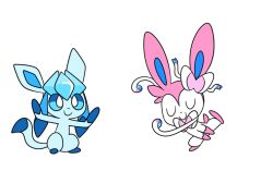 Rule 34 | animated, blue hair, bow, bright pupils, closed eyes, closed mouth, creatures (company), dancing, game freak, gen 4 pokemon, gen 6 pokemon, glaceon, looking at viewer, looping animation, maid, nintendo, pokemon, pokemon (creature), ribbon, robosylveon, sidelocks, skirt, smile, standing, sylveon, white eyes, white pupils