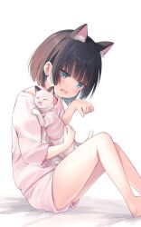 Rule 34 | 1girl, animal, animal ear fluff, animal ears, animal hug, aqua eyes, bare legs, blush, brown hair, cat, cat ears, clothed animal, commentary request, fake animal ears, fang, feet out of frame, hand up, highres, knees up, looking down, na-ga, off-shoulder shirt, off shoulder, open mouth, original, paw pose, pink shirt, pink shorts, shirt, short hair, short shorts, shorts, sidelocks, simple background, sitting, skin fang, solo, striped clothes, striped shirt, striped shorts, thighs, white background, white cat