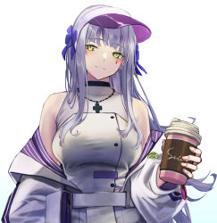 Rule 34 | 1girl, 3 small spiders, bare shoulders, breasts, closed mouth, coffee cup, covered collarbone, cup, disposable cup, facial mark, girls&#039; frontline, green eyes, grey hair, hair ribbon, head tilt, highres, hk416 (girls&#039; frontline), jacket, jewelry, large breasts, long hair, necklace, open clothes, open jacket, ribbon, simple background, smirk, solo, taut clothes, teardrop facial mark, teardrop tattoo, upper body, very long hair, visor cap, white background