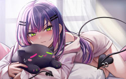 Rule 34 | 1girl, :t, bare shoulders, blunt bangs, blush, closed mouth, curtains, demon tail, flower, green eyes, hair flower, hair ornament, hairclip, highres, hololive, indoors, long hair, long sleeves, looking at viewer, lying, multicolored hair, nail polish, off shoulder, open pajamas, pajamas, piercing, pink hair, pink nails, pink shorts, purple hair, shorts, solo, streaked hair, stuffed toy, sunlight, tail, tail ornament, tail piercing, tokoyami towa, two-tone hair, v-shaped eyebrows, virtual youtuber, window, wszkii