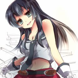 Rule 34 | 10s, 1girl, agano (kancolle), bad id, bad pixiv id, black eyes, black hair, breasts, cleavage, gloves, groin, kantai collection, long hair, looking at viewer, midriff, navel, open mouth, sakura (lilak a), solo