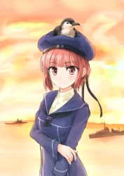 Rule 34 | 10s, 1girl, animal, animal on head, beret, bird, bird on head, brown eyes, brown hair, clothes writing, destroyer, deza, dress, hat, highres, kantai collection, looking at viewer, military, military vehicle, revision, sailor collar, sailor dress, sailor hat, seagull, ship, short hair, sunset, warship, water, watercraft, z3 max schultz (kancolle)