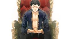 Rule 34 | 1boy, abs, black clover, black hair, facial mark, highres, lucius zogratis, open clothes, open shirt, red eyes, sanii, sitting, solo, throne, white background