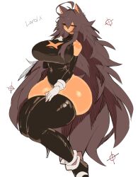 Rule 34 | 1girl, ahoge, bare hips, bare shoulders, black hair, black sclera, blush, breasts, cleavage, cleavage cutout, clothing cutout, colored sclera, gloves, hand on own chest, hedgehog ears, hedgehog girl, hedgehog tail, highres, huge breasts, humanization, long hair, looking at viewer, lord x (sonic.exe), red eyes, smile, sonic (series), tan, thick thighs, thighs, usa37107692, very long hair, white gloves, wide hips