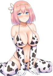 Rule 34 | 1girl, absurdres, animal print, bare shoulders, bikini, blue eyes, blush, breasts, cleavage, collarbone, cow print, cow print bikini, elbow gloves, embarrassed, frown, gloves, hair ornament, hairband, highres, kusano yui, large breasts, looking at viewer, micro bikini, navel, pink hair, princess connect!, print bikini, print gloves, print thighhighs, short hair, simple background, sitting, skindentation, solo, stomach, swimsuit, thighhighs, wariza, white background, yellow hairband, yue (show-ei), yui (princess connect!)