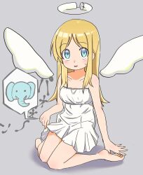 Rule 34 | 1other, androgynous, angel, angel wings, bare shoulders, barefoot, blonde hair, blue eyes, breasts, broken halo, clothes lift, crimvael, dress, dress lift, elephant, feet, grey background, halo, highres, ishuzoku reviewers, kneeling, knees together feet apart, kosuda, lifting own clothes, long hair, looking at viewer, open mouth, short dress, simple background, small breasts, smile, solo, strapless, strapless dress, toes, white dress, wings