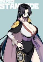 Rule 34 | 10mo, 1girl, black cape, black hair, blue eyes, boa hancock, breasts, cape, cleavage, collarbone, copyright name, covered navel, dress, earrings, english text, fingernails, frown, hair over one eye, hand on own hip, highres, huge breasts, jewelry, long hair, looking at viewer, no bra, one piece, one piece: stampede, purple sash, sash, sharp fingernails, skull print, smile, snake earrings, solo, staring, thighs, v-shaped eyebrows, very long hair